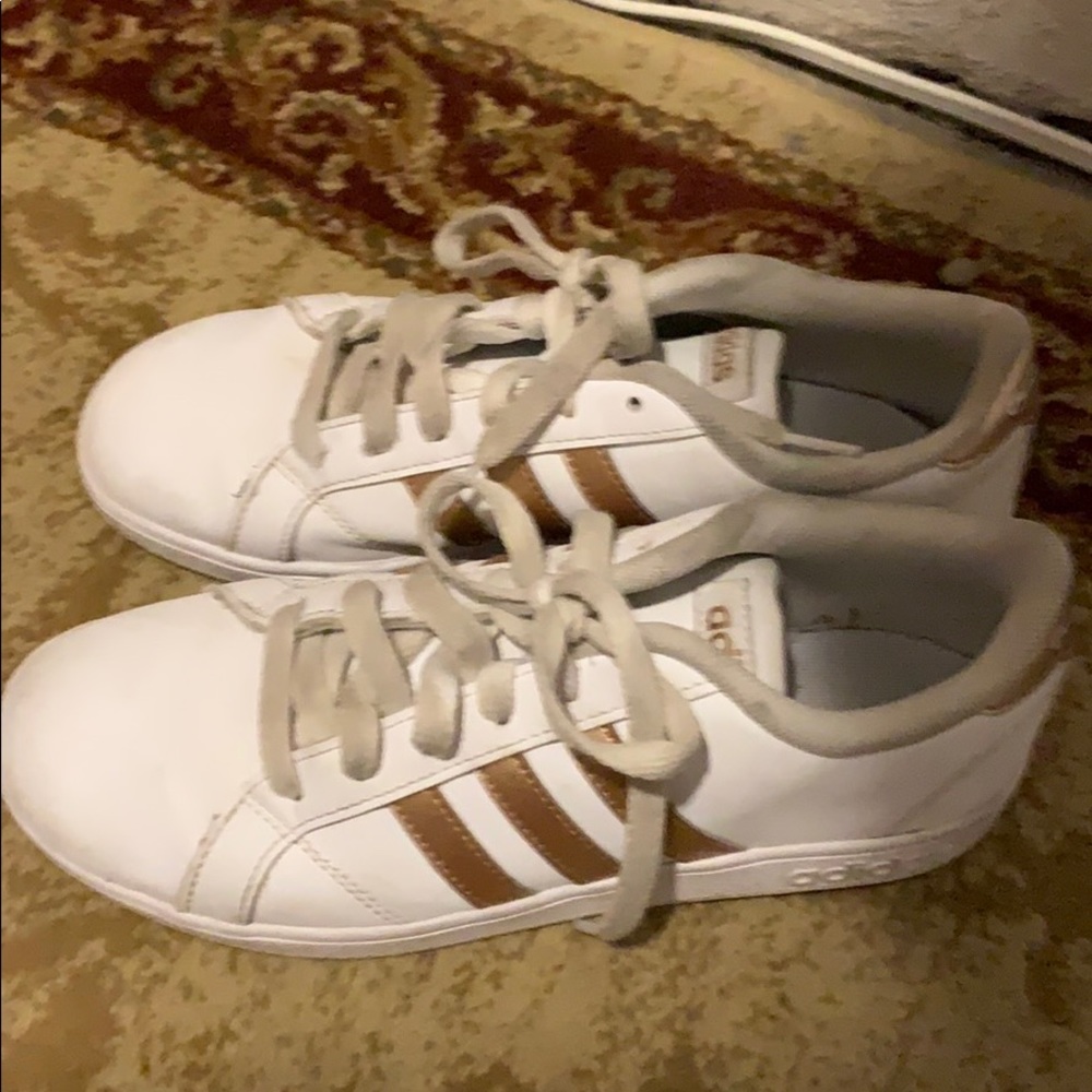 Rose gold striped adidas sneakers